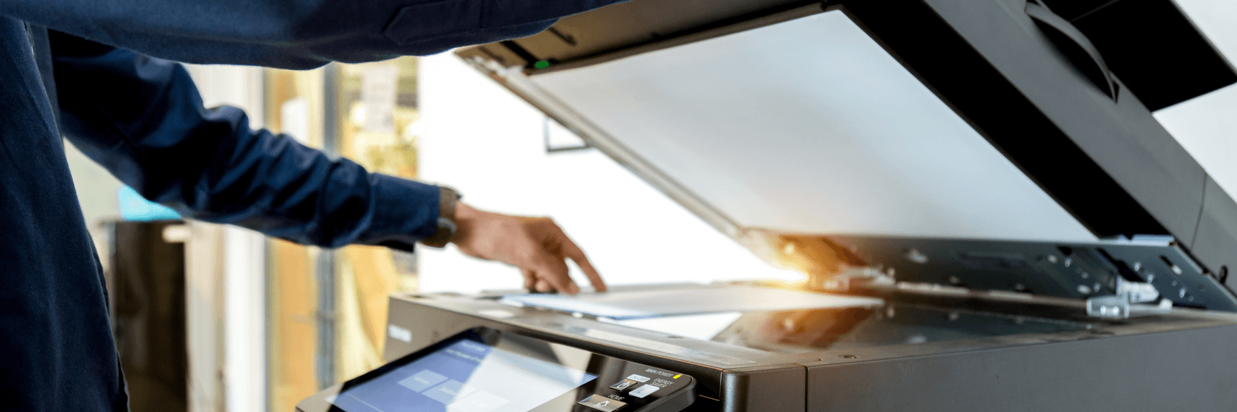 Bussiness man Hand press button on panel of printer, printer scanner laser office copy machine